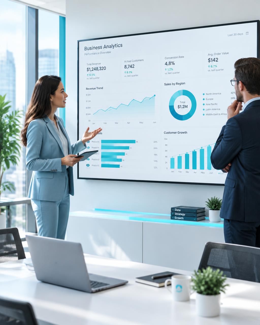 Zwei Geschäftsleute vor einem Bildschirm mit Vertriebs-Dashboards